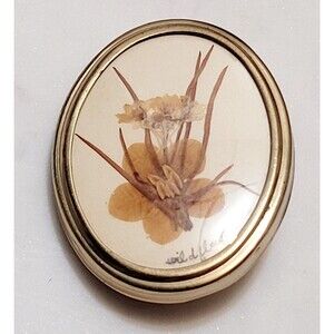 "Wildflowers" Pressed Dryed Flowers Brooch  On Goldtone Casing Flaws Vtg